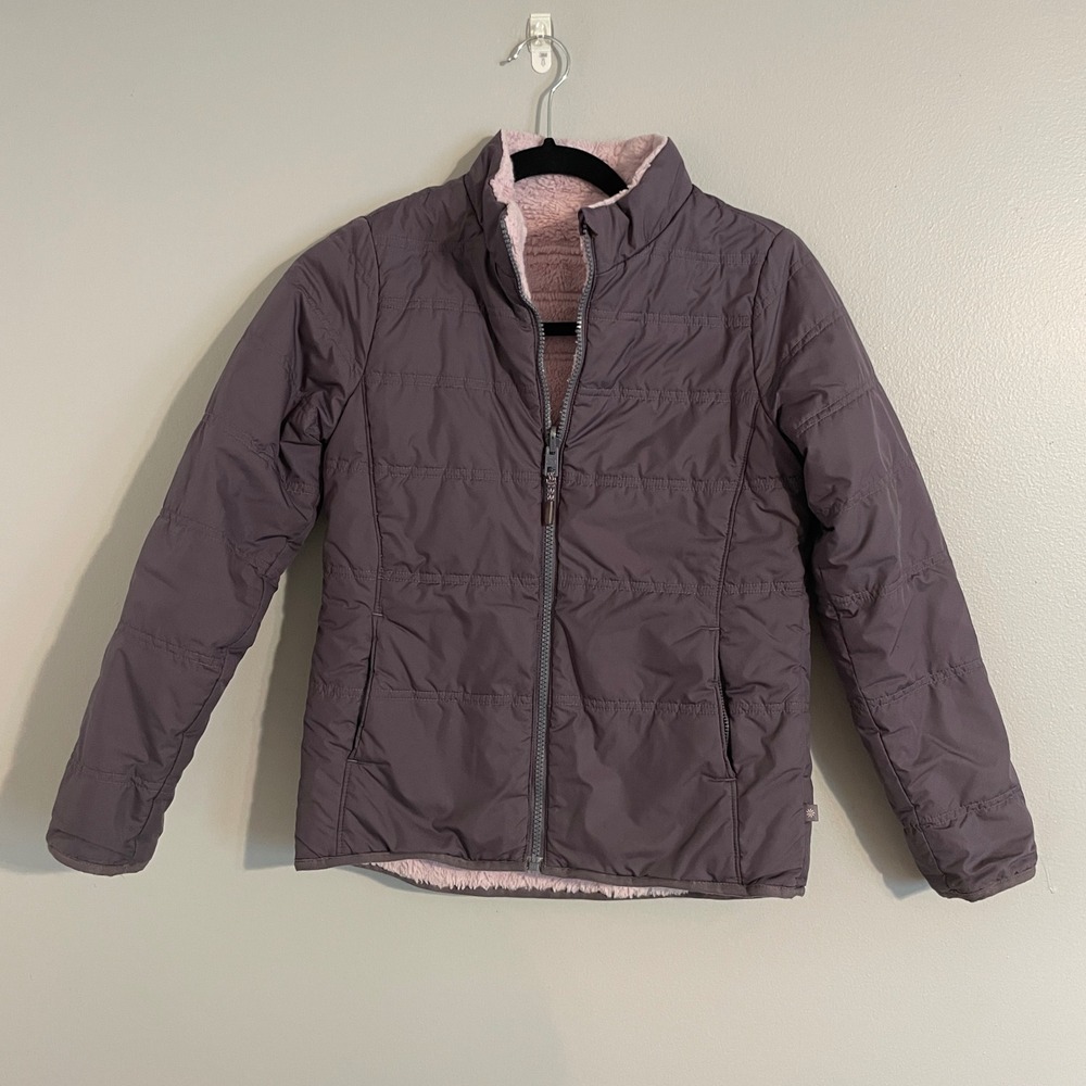 Athleta Girl Reversible Puffer Jacket Kids Size L 12 Purple Sherpa Cozy Winter
